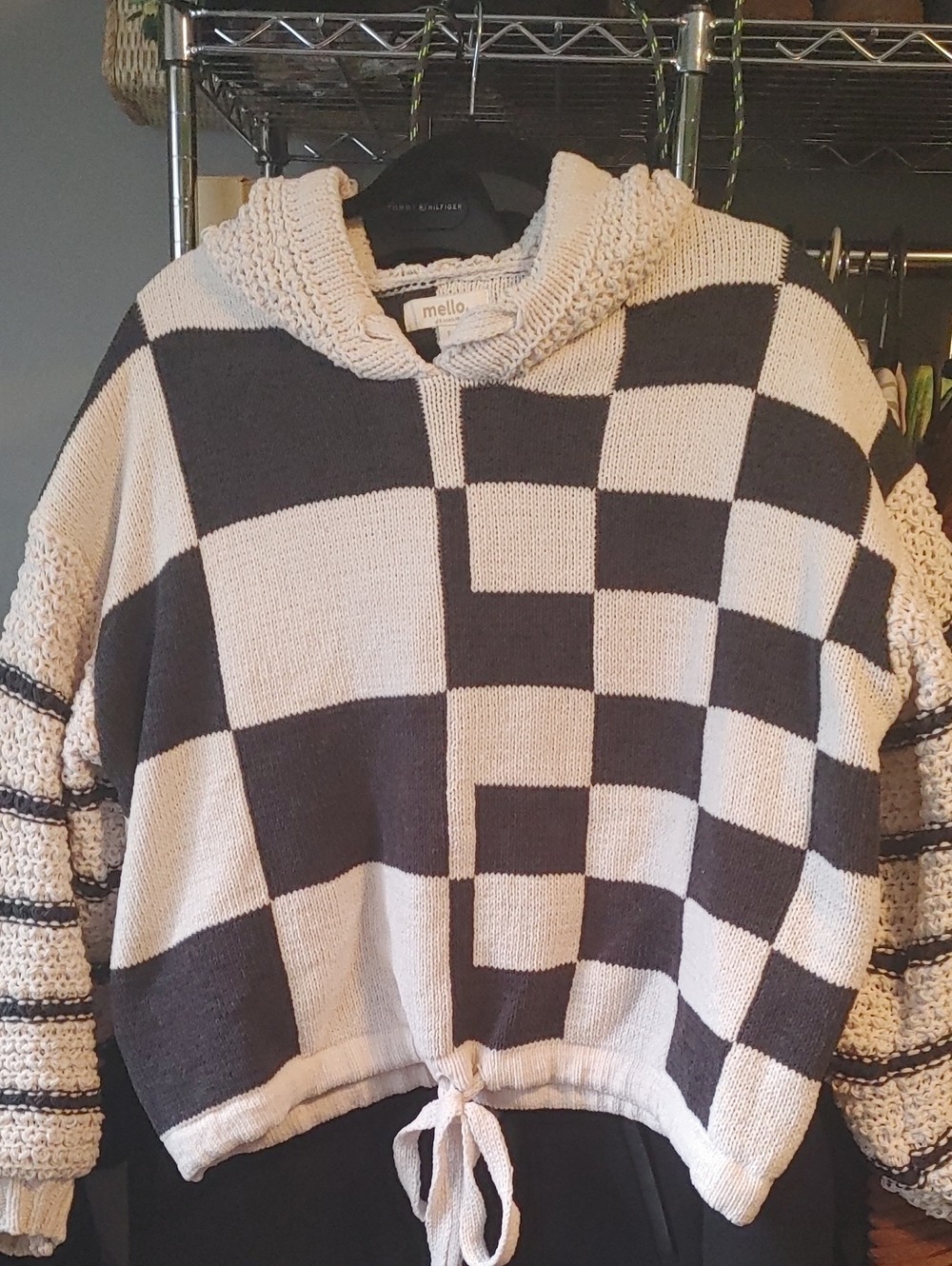 Mello Checkerboard Knit Hoodie Sweater in Black & Cream